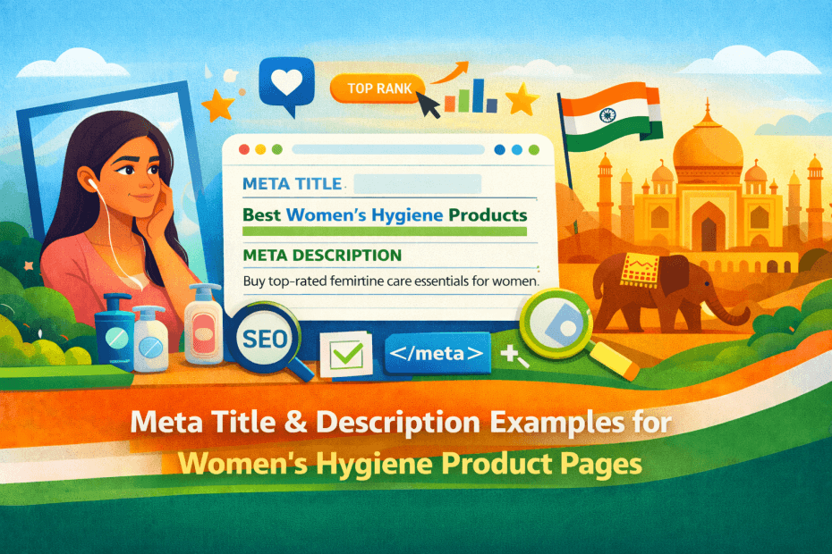 Illustration showing meta title and meta description examples for women’s hygiene product pages in India.